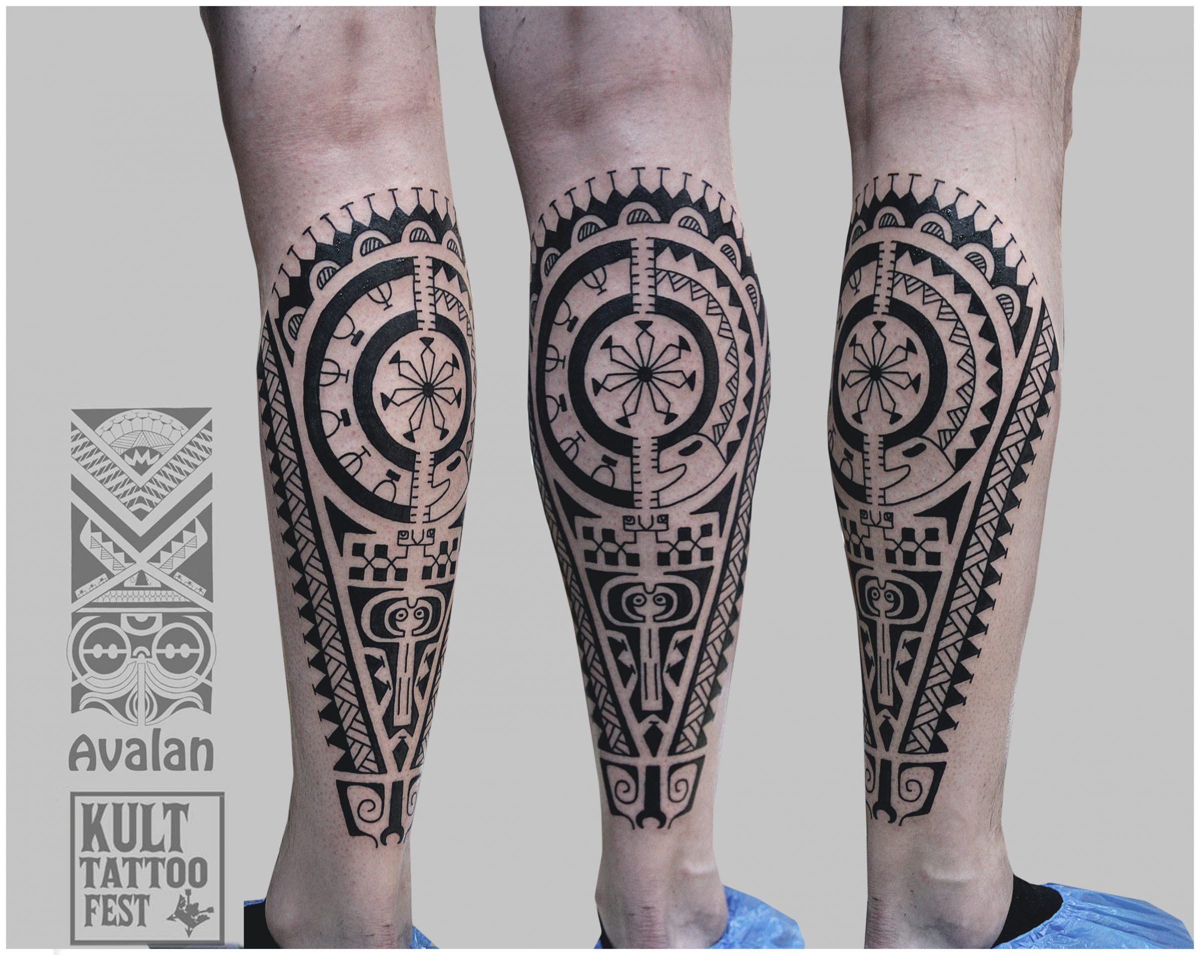 Tatuaż w stylu Markizyjskim łydka + kolano · Avalan Tattoo